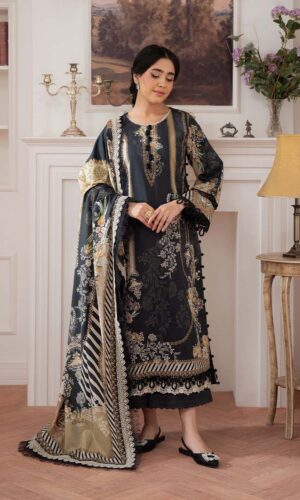 Pakistani Pure Cotton Embroidered Dress Material with Chiffon Dupatta Premium Unstitched Suit for Women Festive Wear Black