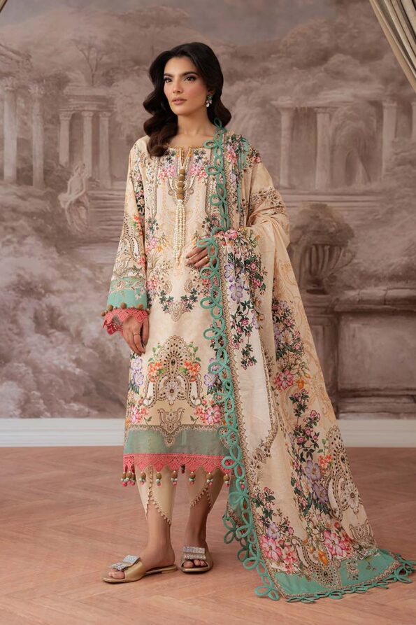 Pakistani Pure Cotton Embroidered Dress Material with Chiffon Dupatta Premium Unstitched Suit for Women Festive Wear Beige