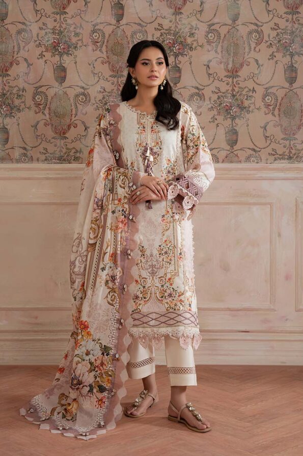 Pakistani Pure Cotton Embroidered Dress Material with Chiffon Dupatta Premium Unstitched Suit for Women Festive Wear Cream