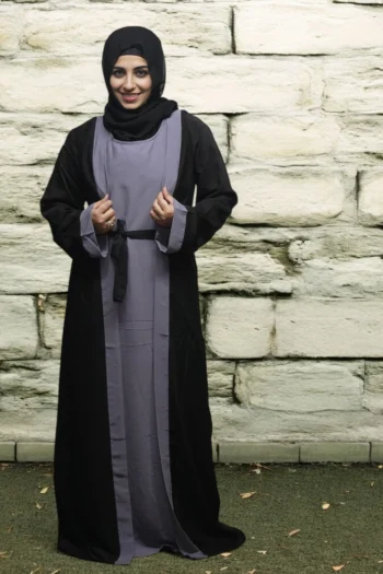 Open front Burqa With Belt in Stone Gray