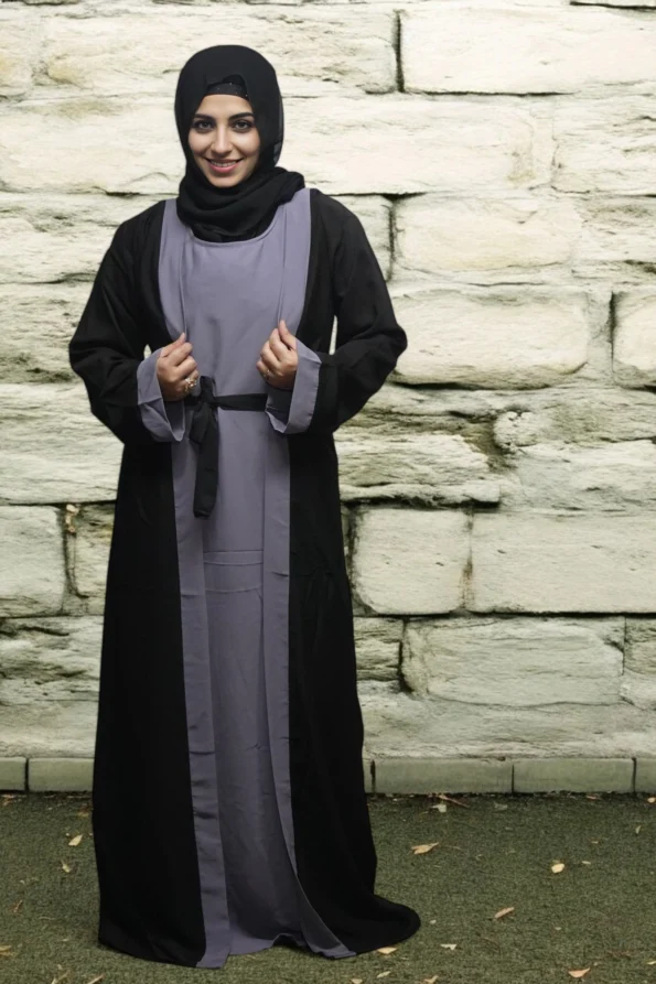 Open front Burqa With Belt in Stone Gray