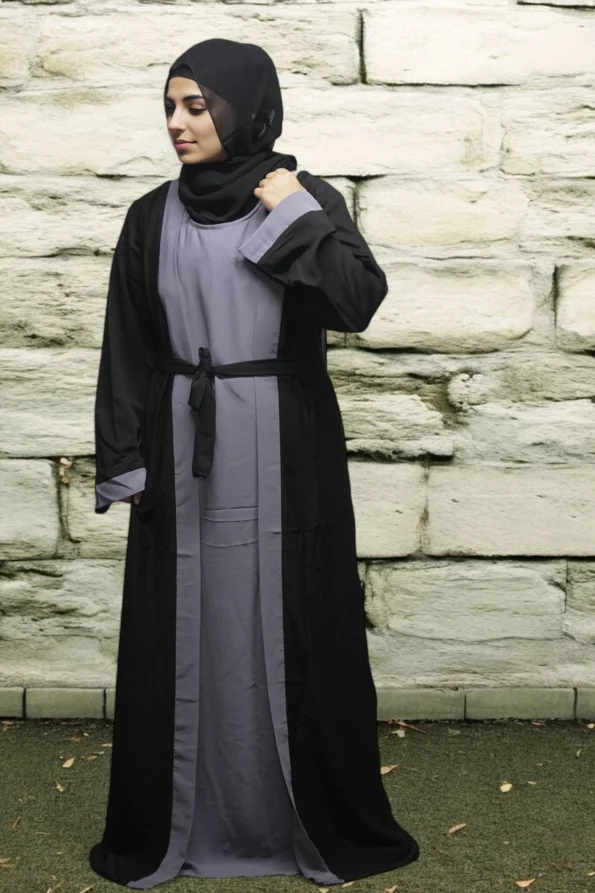 Open front Burqa With Belt in Stone Gray