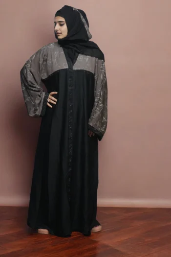 High-Quality Multi-Colored Burqa with Front Strip, Edge Sleeves, With Black Stones In Black-Brown