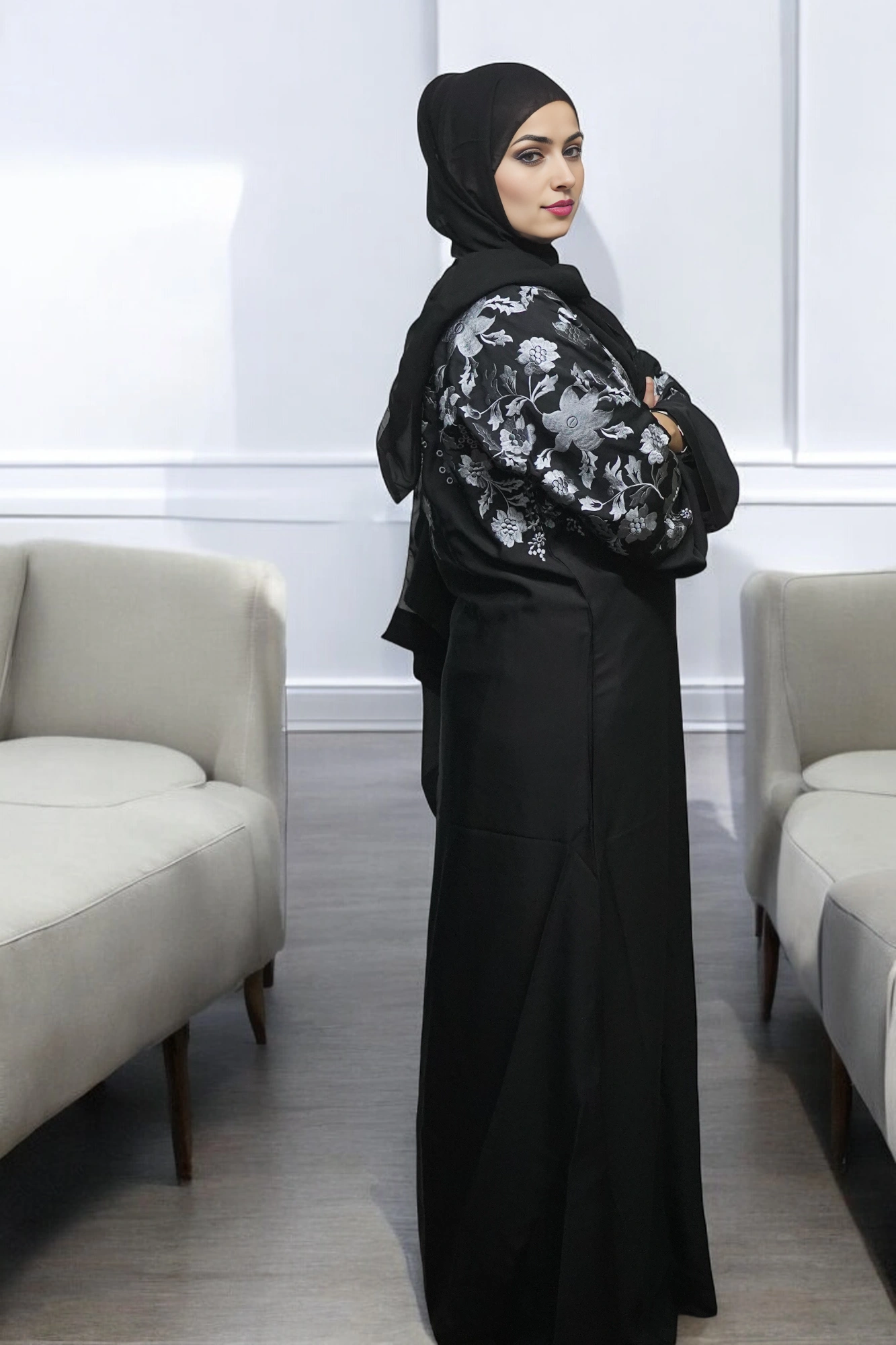 L 56 71X29 N B BLACK GRAY gray flowral enbriodrya 22 Nida (5)_1723824196 Floral Embroidery Premium Burqa in Black