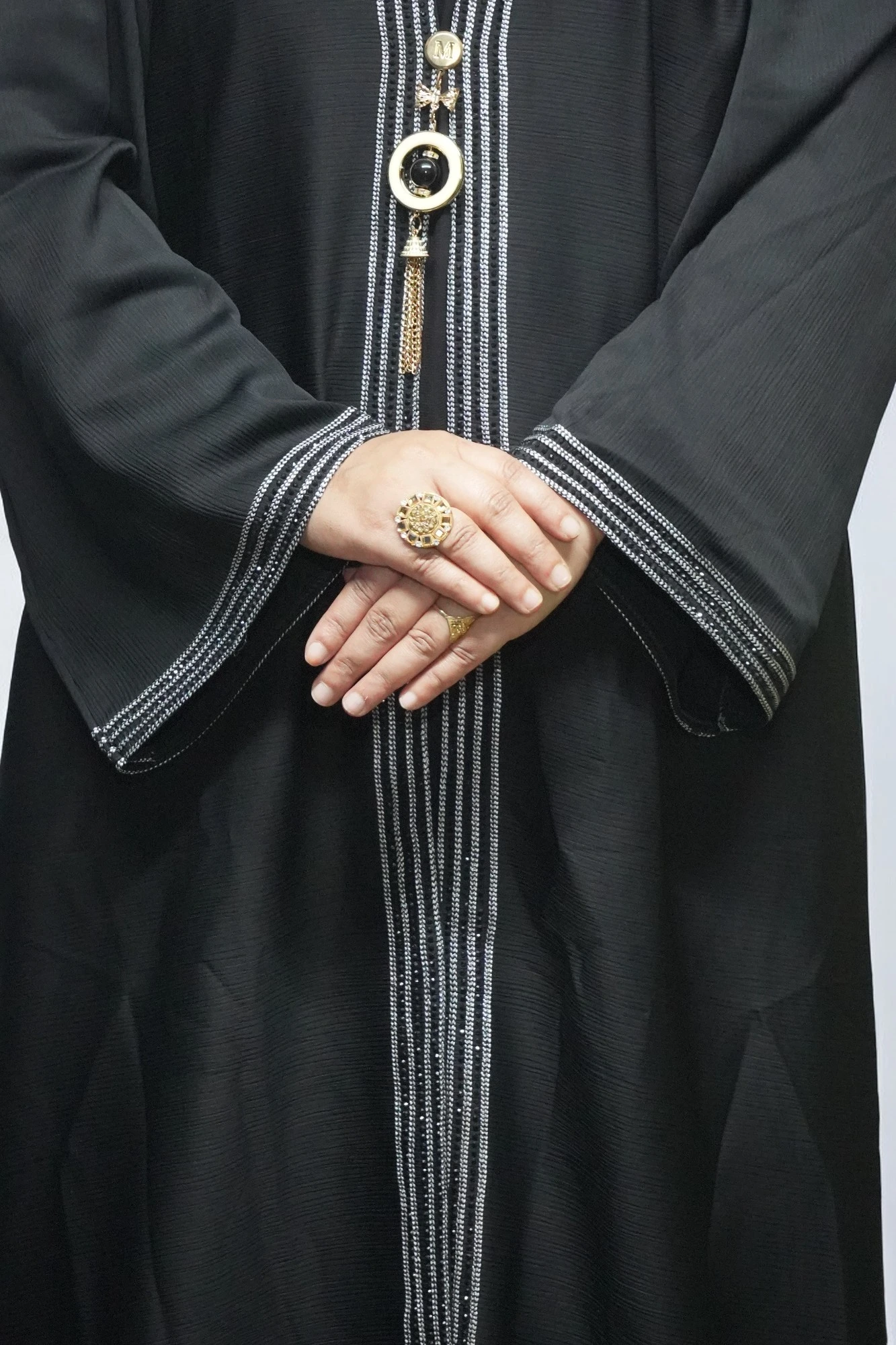 L 56 71x28 N G Black Silver Latkan 16 (3)- Silver Latkan Front Open Burqa In Black