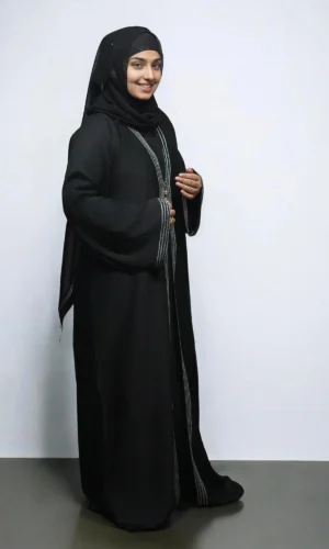 Silver Latkan Front Open Burqa In Black