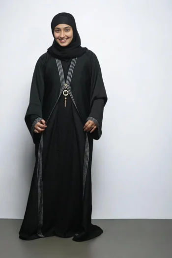 Silver Latkan Front Open Burqa In Black