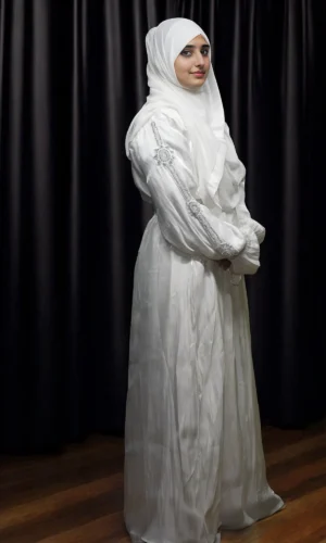 Luxury Organza Burqa in White with Black-White Glass And Stone Work