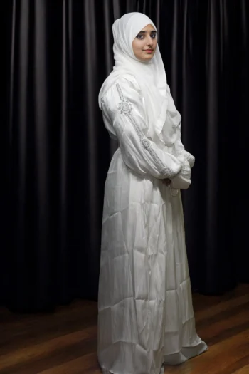 Luxury Organza Burqa in White with Black-White Glass And Stone Work