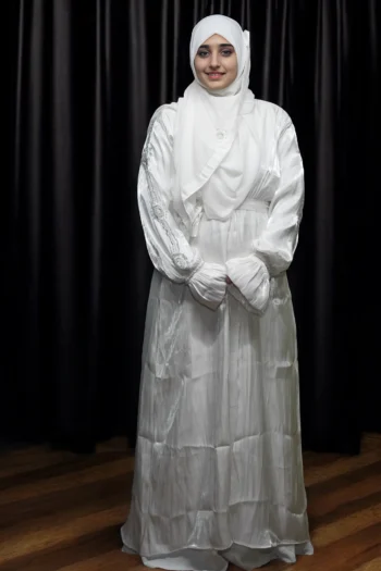 Luxury Organza Burqa in White with Black-White Glass And Stone Work