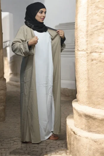 Front Open GOLDEN STONE STRIP Burkha in WHITE-Tan