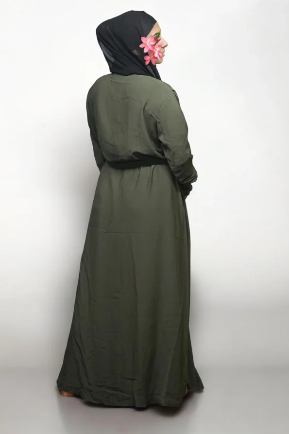 Turkish Burqa Full Buttons Open Belt in Olive Green