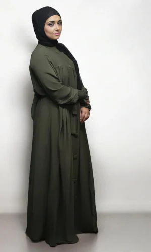 Turkish Burqa Full Buttons Open Belt in Olive Green