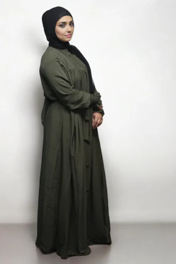 Turkish Burqa Full Buttons Open Belt in Olive Green