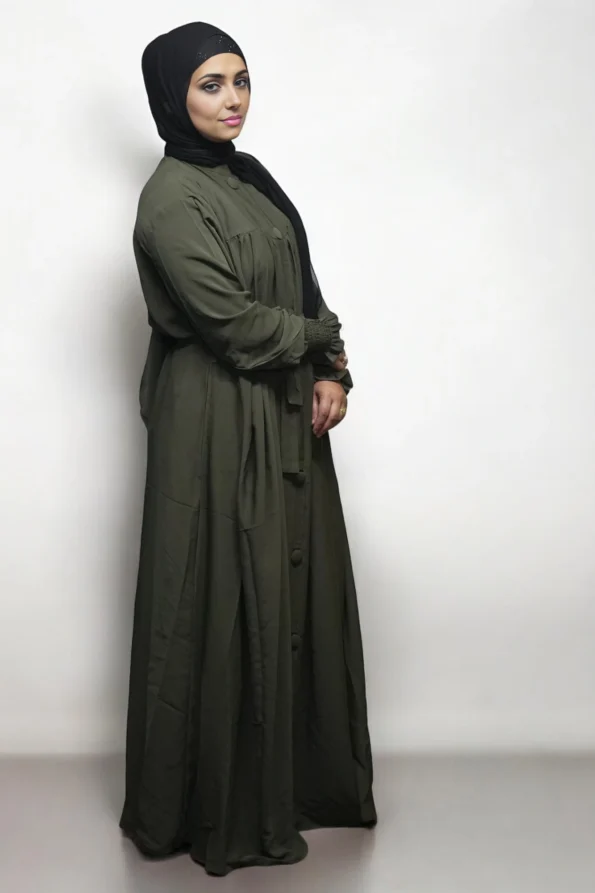 Turkish Burqa Full Buttons Open Belt in Olive Green