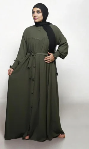 Turkish Burqa Full Buttons Open Belt in Olive Green