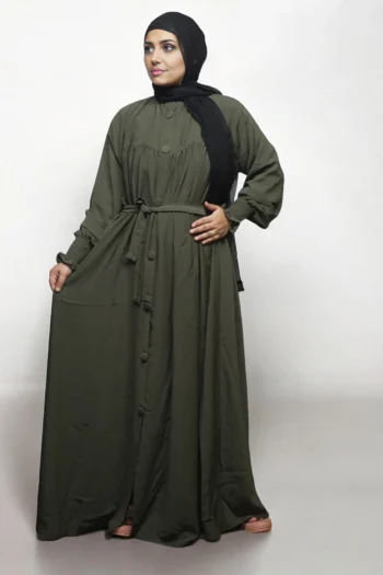 Turkish Burqa Full Buttons Open Belt in Olive Green