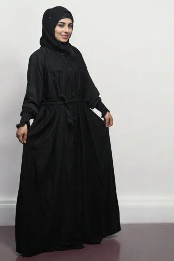 Burkha Full Buttons With Belt in Black