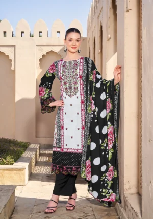Pakistani Cambric Cotton Embroidered Salwar Suit Dress Black Ivory