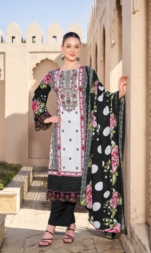 Pakistani Cambric Cotton Embroidered Salwar Suit Dress Black Ivory