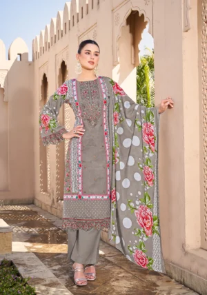 Pakistani Cambric Cotton Embroidered Salwar Suit Dress Elegant Ash Grey