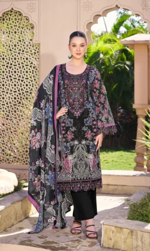 Pakistani Cambric Cotton Embroidered Salwar Suit Dress Midnight Black