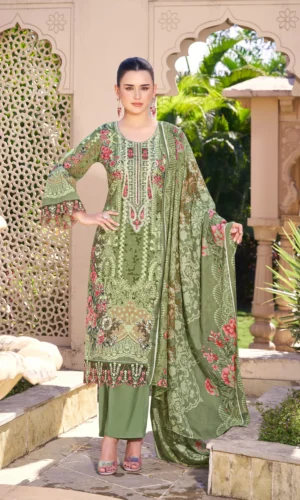 Pakistani Cambric Cotton Embroidered Salwar Suit Dress Olive Green
