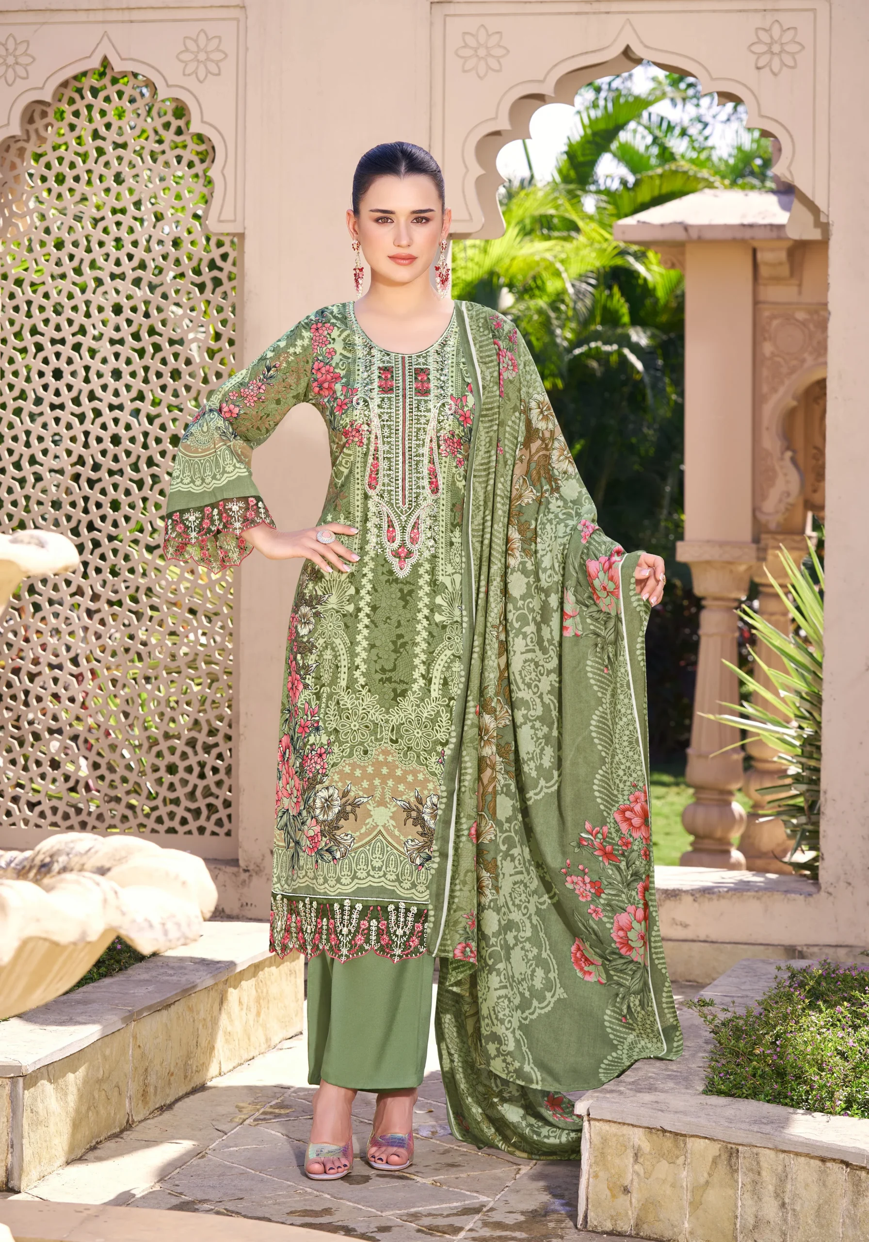Pakistani Cambric Cotton Embroidered Salwar Suit Dress Olive Green