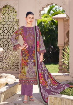 Pakistani Cambric Cotton Embroidered Salwar Suit Dress Material with Printed Cotton Malmal Dupatta – Premium Unstitched Ethnic Suit for Women Festive & Daily Wear Plum Purple