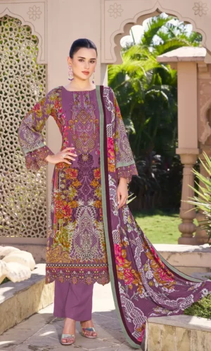 Pakistani Suit Cambric Cotton Embroidered Dress Material with Cotton Malmal Dupatta Premium Unstitched – Plum Purple