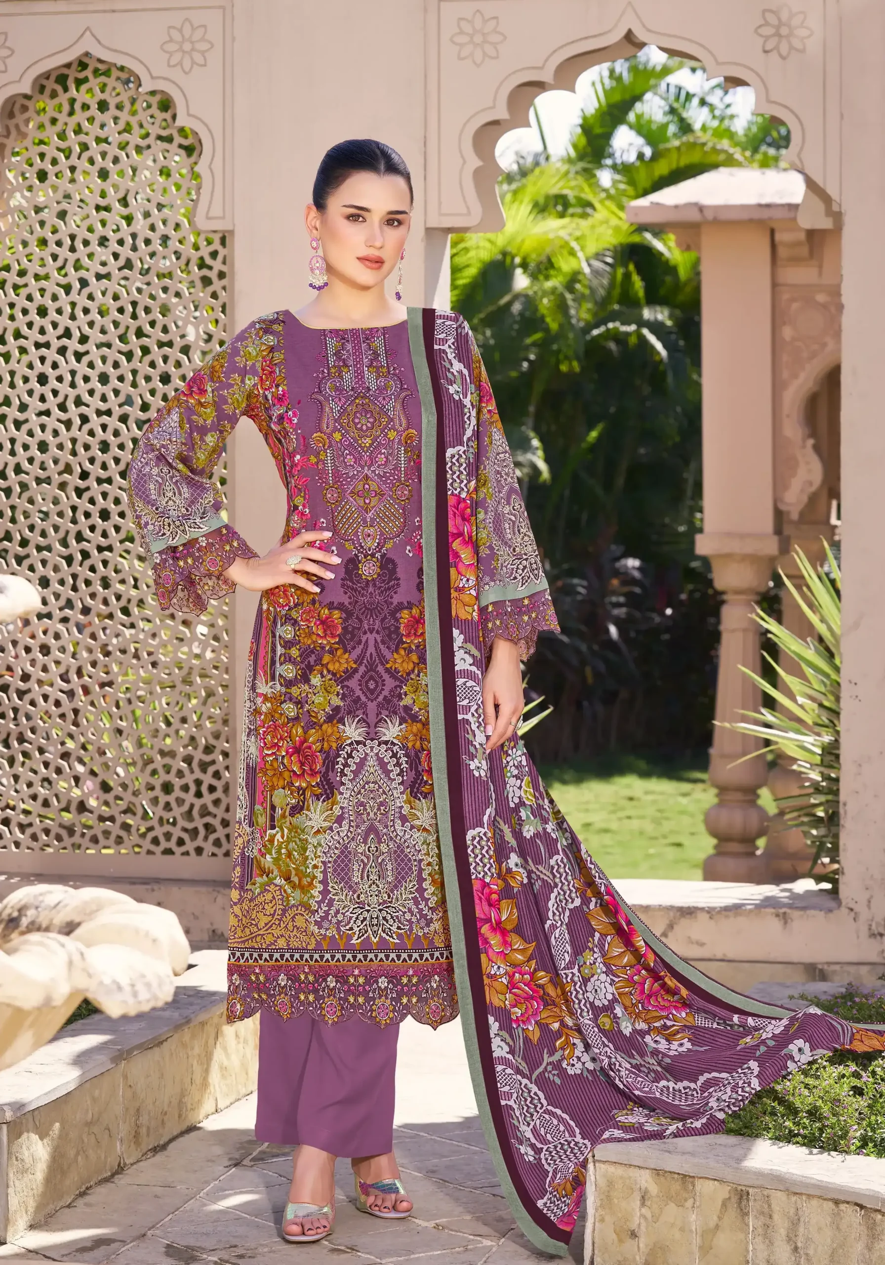 Pakistani Suit Cambric Cotton Embroidered Dress Material with Cotton Malmal Dupatta Premium Unstitched – Plum Purple