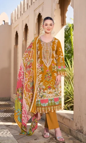 Pakistani Cambric Cotton Embroidered Salwar Suit Dress Wear Golden Mustard