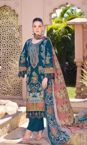 Pakistani Cambric Cotton Embroidered Salwar Suit Dress Wear Royal Teal Blue