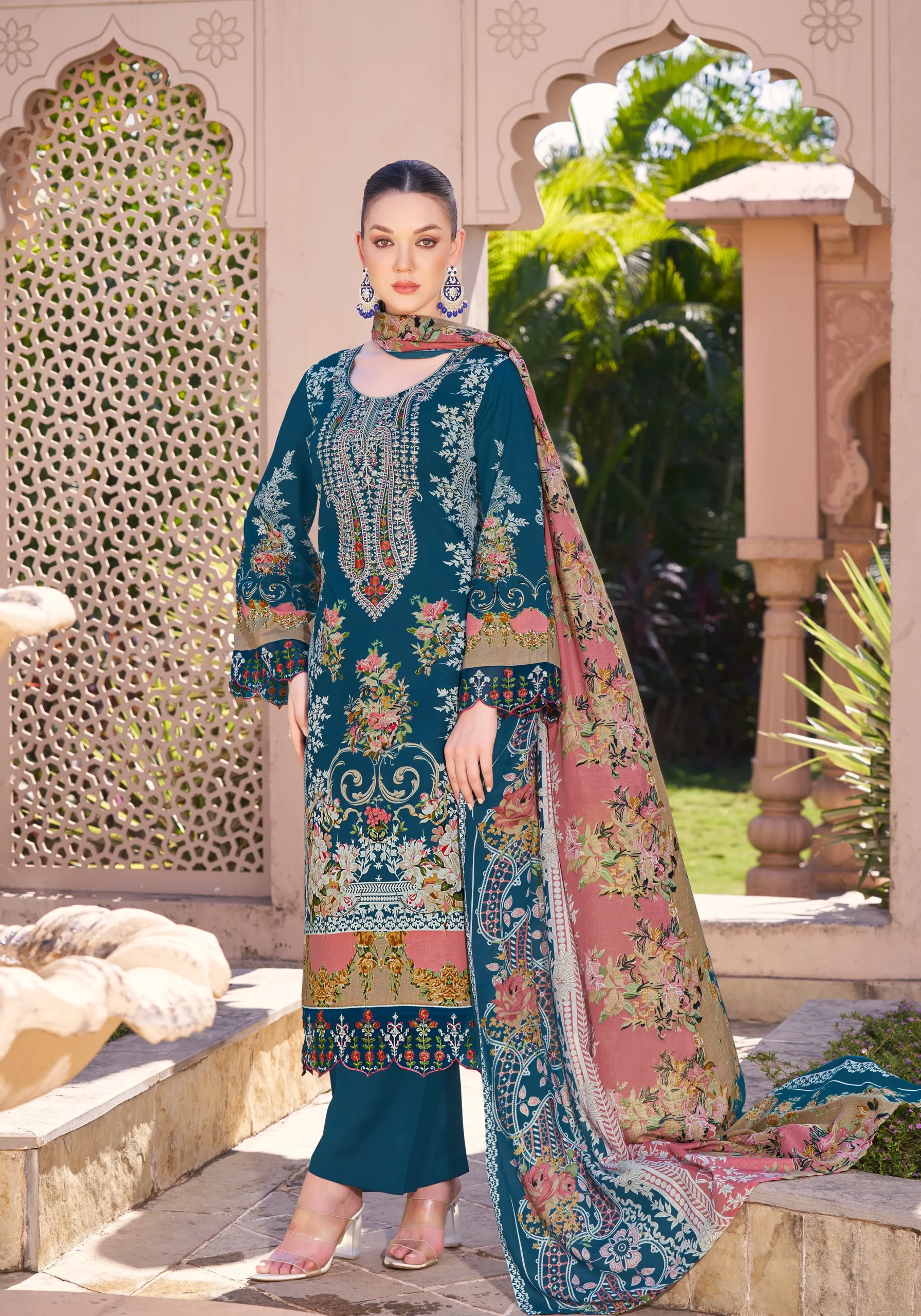 Pakistani Cambric Cotton Embroidered Salwar Suit Dress Wear Royal Teal Blue