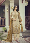 Pakistani Cotton Dress Material Unstitched Embroidered Salwar Kameez Suit with Cotton Mal Mal Dupatta Beige