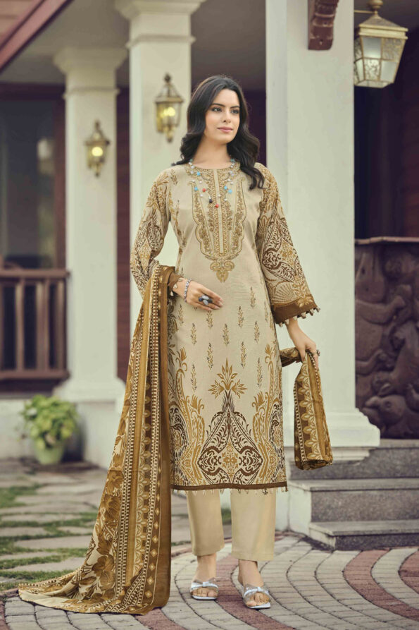 Pakistani Cotton Dress Material Unstitched Embroidered Salwar Kameez Suit with Cotton Mal Mal Dupatta Beige