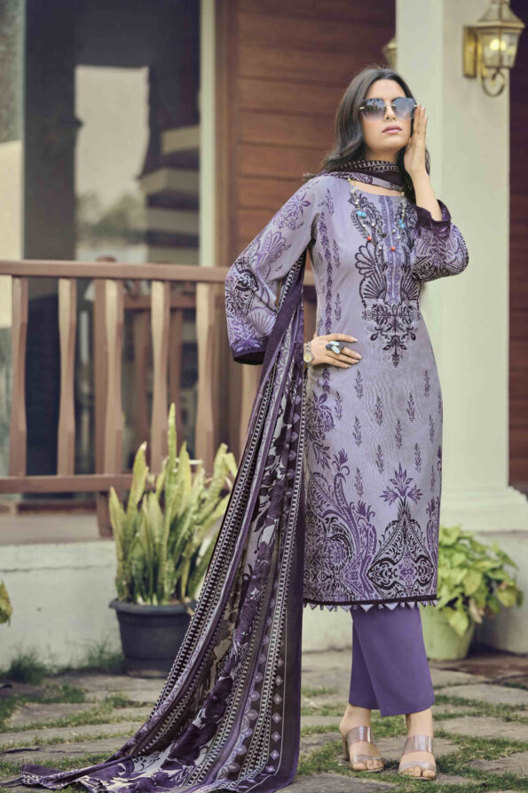 Pakistani Cotton Dress Material Unstitched Embroidered Salwar Kameez Suit with Cotton Mal Mal Dupatta Mauve Purple