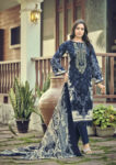 Pakistani Cotton Dress Material Unstitched Embroidered Salwar Kameez Suit with Cotton Mal Mal Dupatta Navy Blue