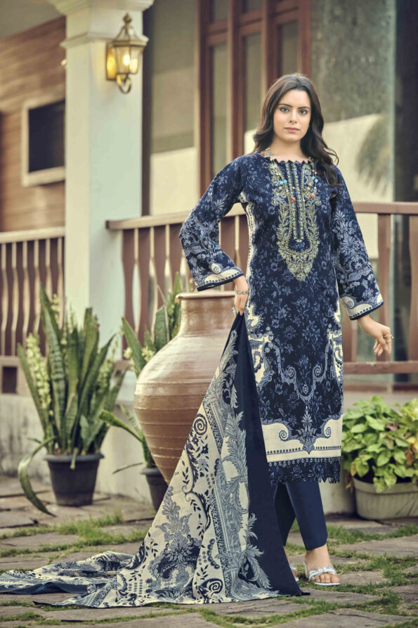 Pakistani Cotton Dress Material Unstitched Embroidered Salwar Kameez Suit with Cotton Mal Mal Dupatta Navy Blue