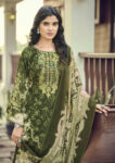 Pakistani Cotton Dress Material Unstitched Embroidered Salwar Kameez Suit with Cotton Mal Mal Dupatta Olive Gr