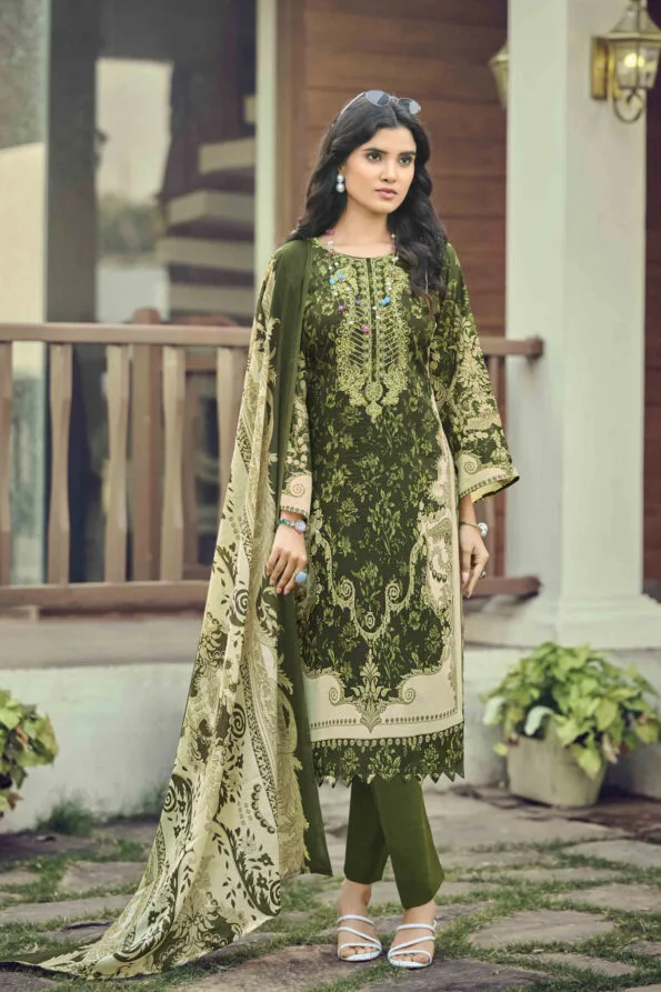 Pakistani Cotton Dress Material Unstitched Embroidered Salwar Kameez Suit  With Cotton Mal Mal Dupatta Olive Green