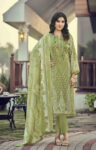 Pakistani Cotton Dress Material Unstitched Embroidered Salwar Kameez Suit with Cotton Mal Mal Dupatta Olive Li