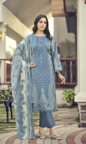 Pakistani Cotton Dress Material Unstitched Embroidered Salwar Kameez Suit with Cotton Mal Mal Dupatta Soft Blue