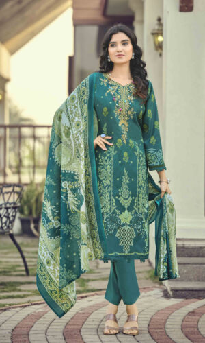 Pakistani Cotton Dress Material Unstitched Embroidered Salwar Kameez Suit with Cotton Mal Mal Dupatta Teal Blue