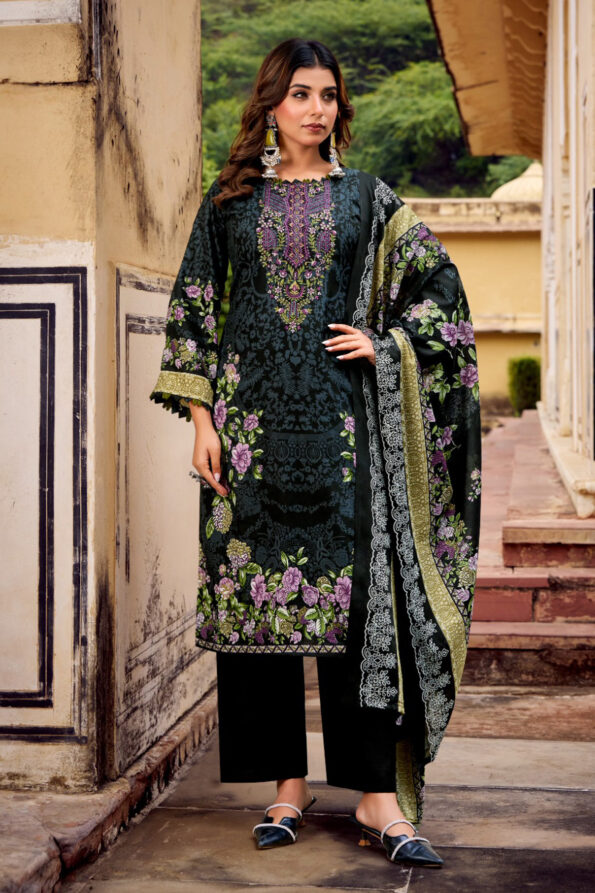 Pakistani Cotton Dress Material Unstitched Embroidered Salwar Kameez with Cotton Mal Mal Dupatta Black
