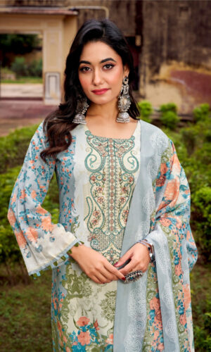 Pakistani Cotton Dress Material Unstitched Embroidered Salwar Kameez with Cotton Mal Mal Dupatta Grey