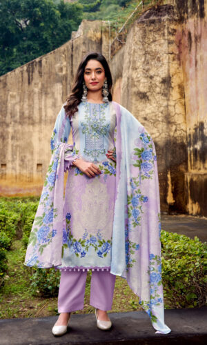 Pakistani Cotton Dress Material Unstitched Embroidered Salwar Kameez with Cotton Mal Mal Dupatta Lavender