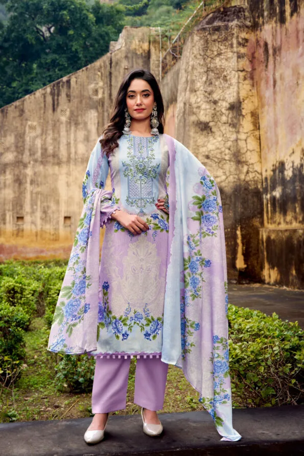 Pakistani Cotton Dress Material Unstitched Embroidered Salwar Kameez With Cotton  Mal Mal Dupatta Lavender