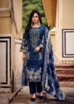 Pakistani Cotton Dress Material Unstitched Embroidered Salwar Kameez with Cotton Mal Mal Dupatta Navy Blue