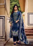 Pakistani Cotton Dress Material Unstitched Embroidered Salwar Kameez with Cotton Mal Mal Dupatta Navy Blue